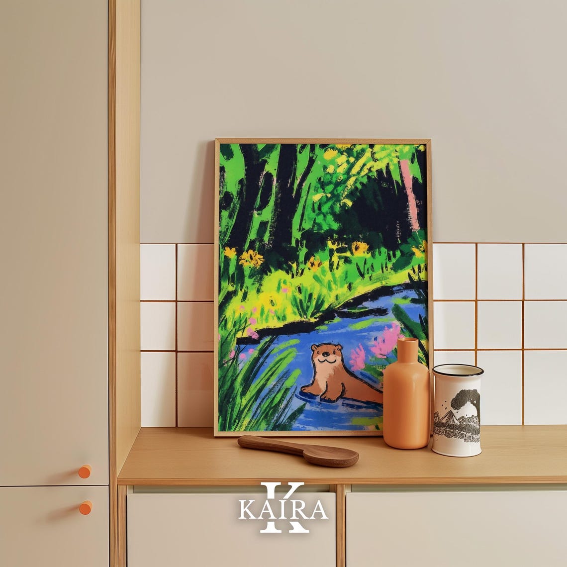 Smiling Otter Floating Peacefully Down a Blue Forest River Poster