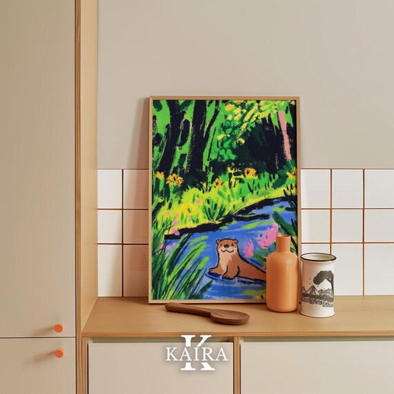 Smiling Otter Floating Peacefully Down a Blue Forest River Poster