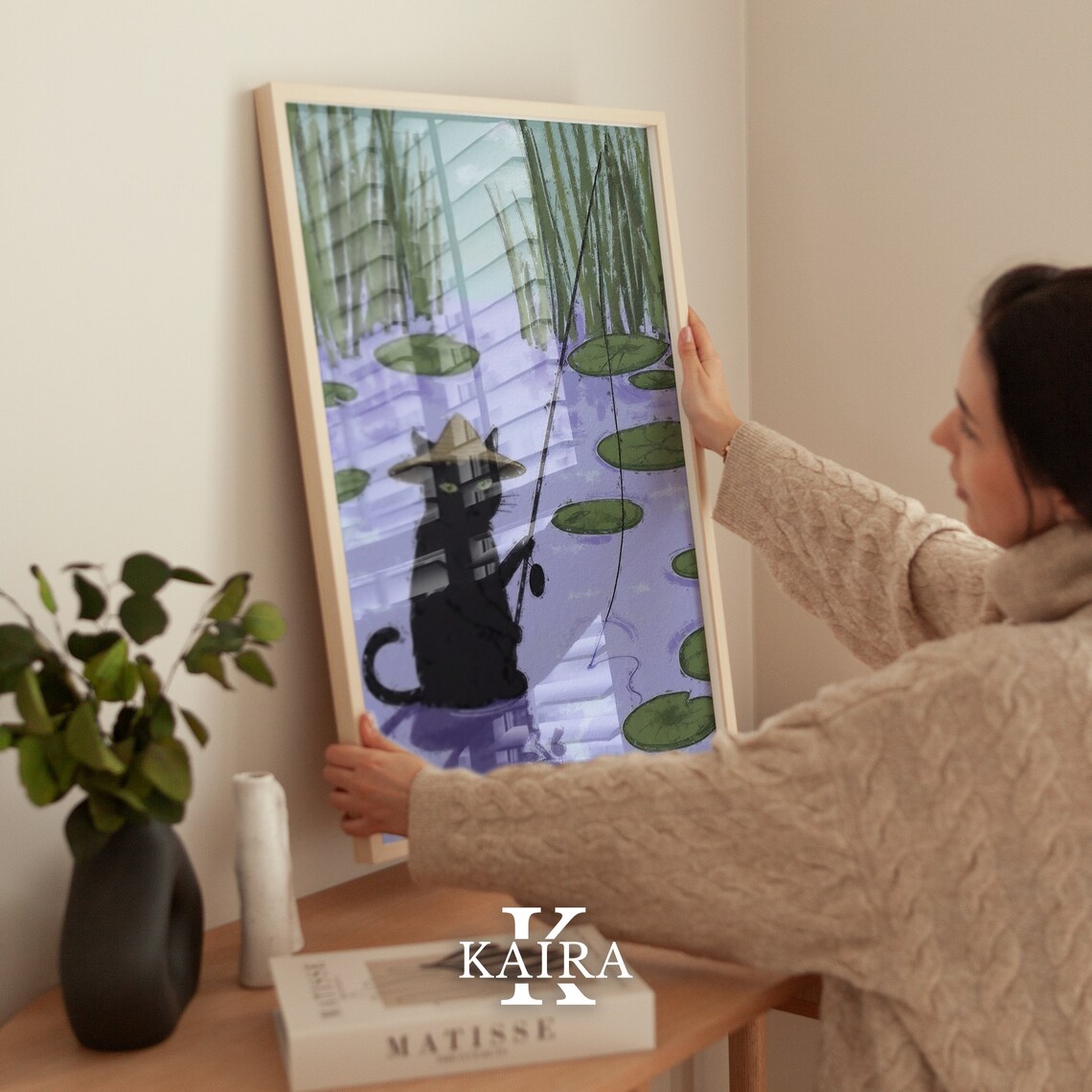 Black Cat In Straw Hat Fishing In A Lily Pond Calm Nature Art Poster - Image 3