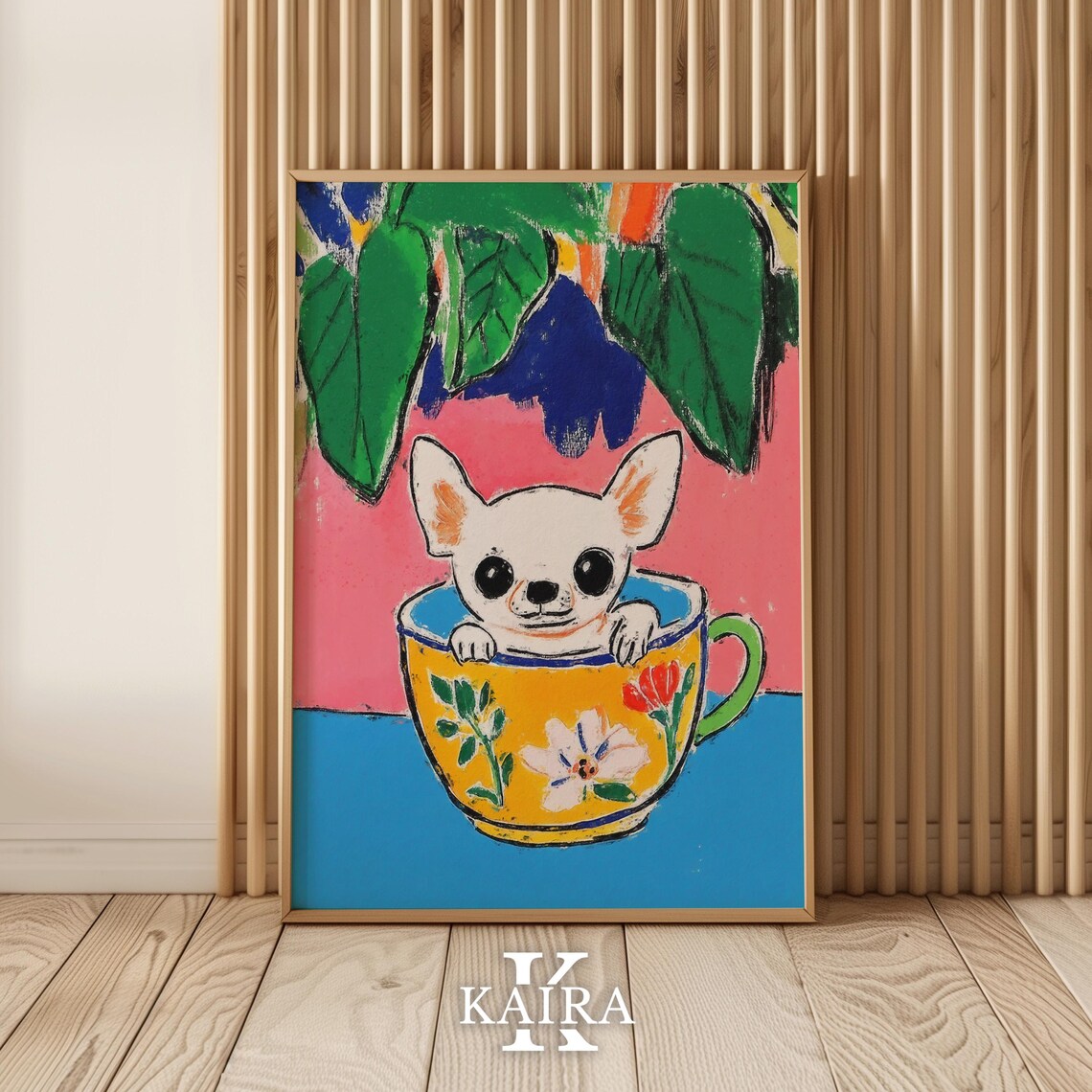 White Chihuahua Puppy Peeking Out Of A Yellow Floral Teacup Poster - Image 4