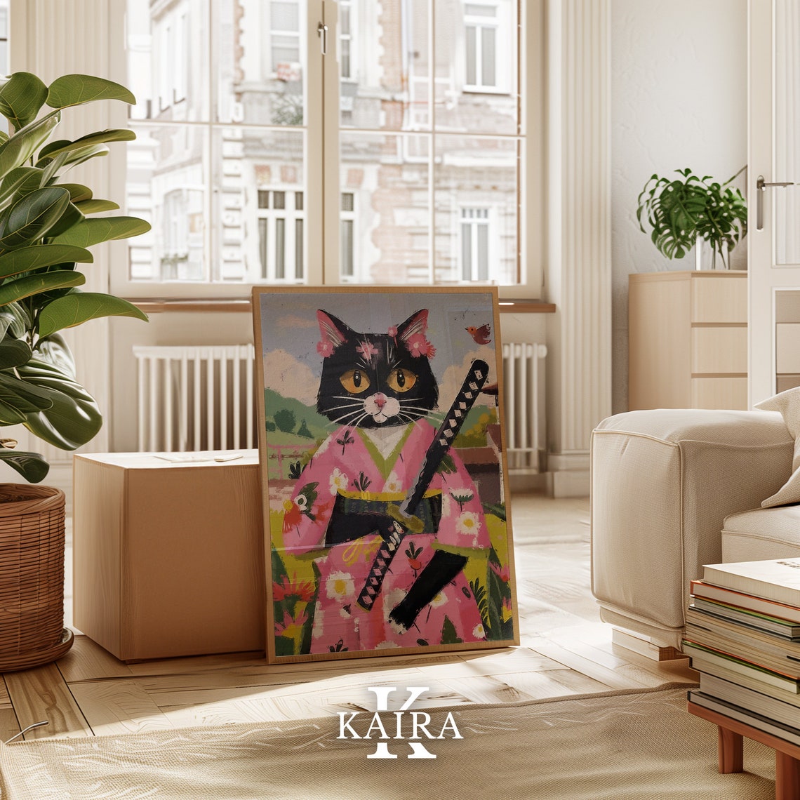 Black Cat Samurai In Pink Floral Kimono Japanese Warrior Art Poster - Image 4