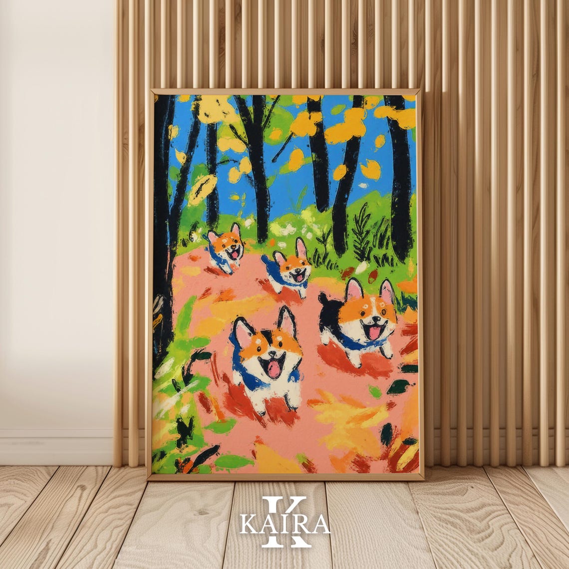 Four Happy Corgi Puppies Running Together Down a Forest Path Poster