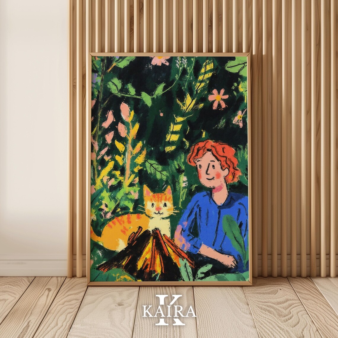 Red-Haired Boy Cuddling an Orange Cat by a Campfire in the Forest Poster