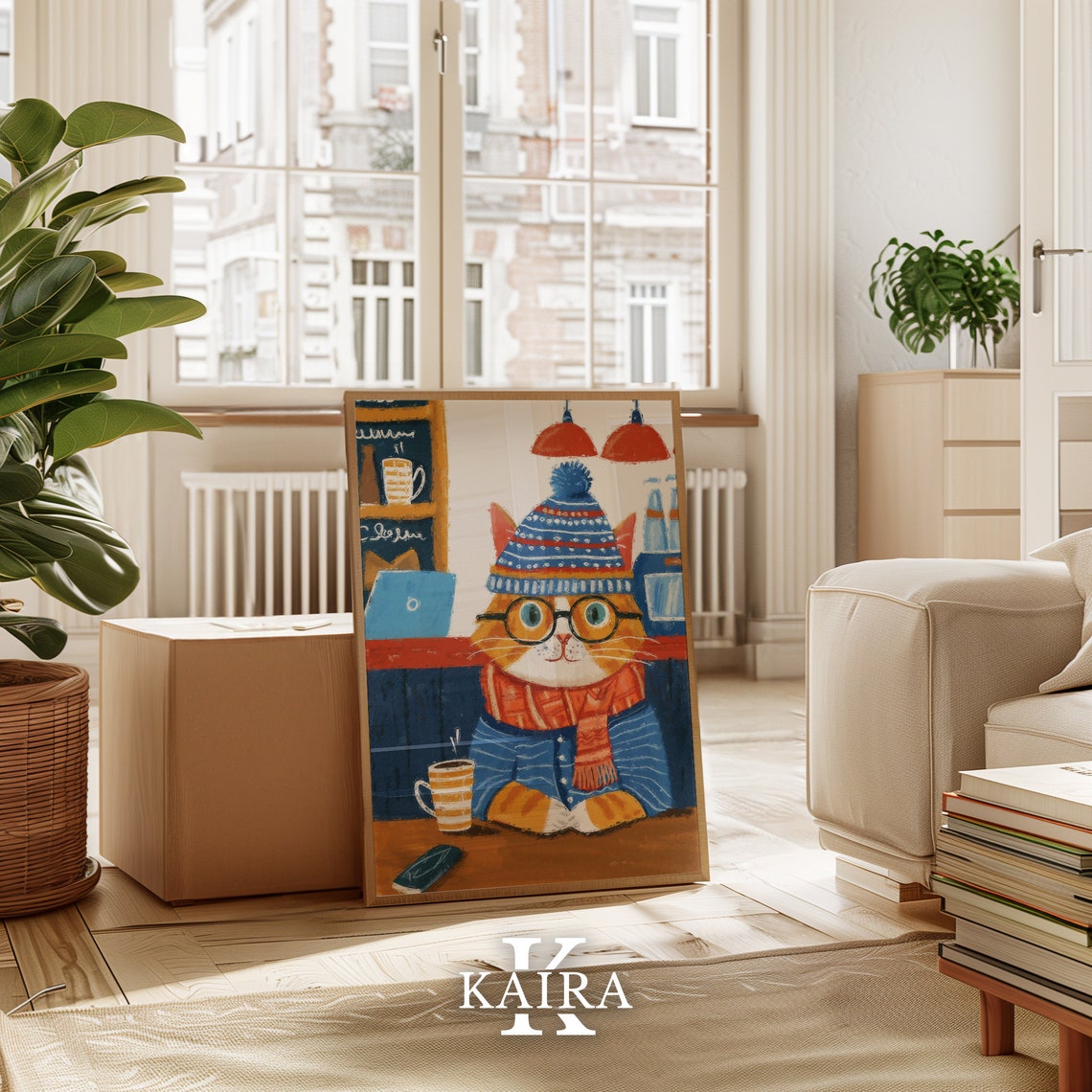 Cozy Cafe Ginger Cat in a Winter Hat Glasses and Scarf Poster - Image 4