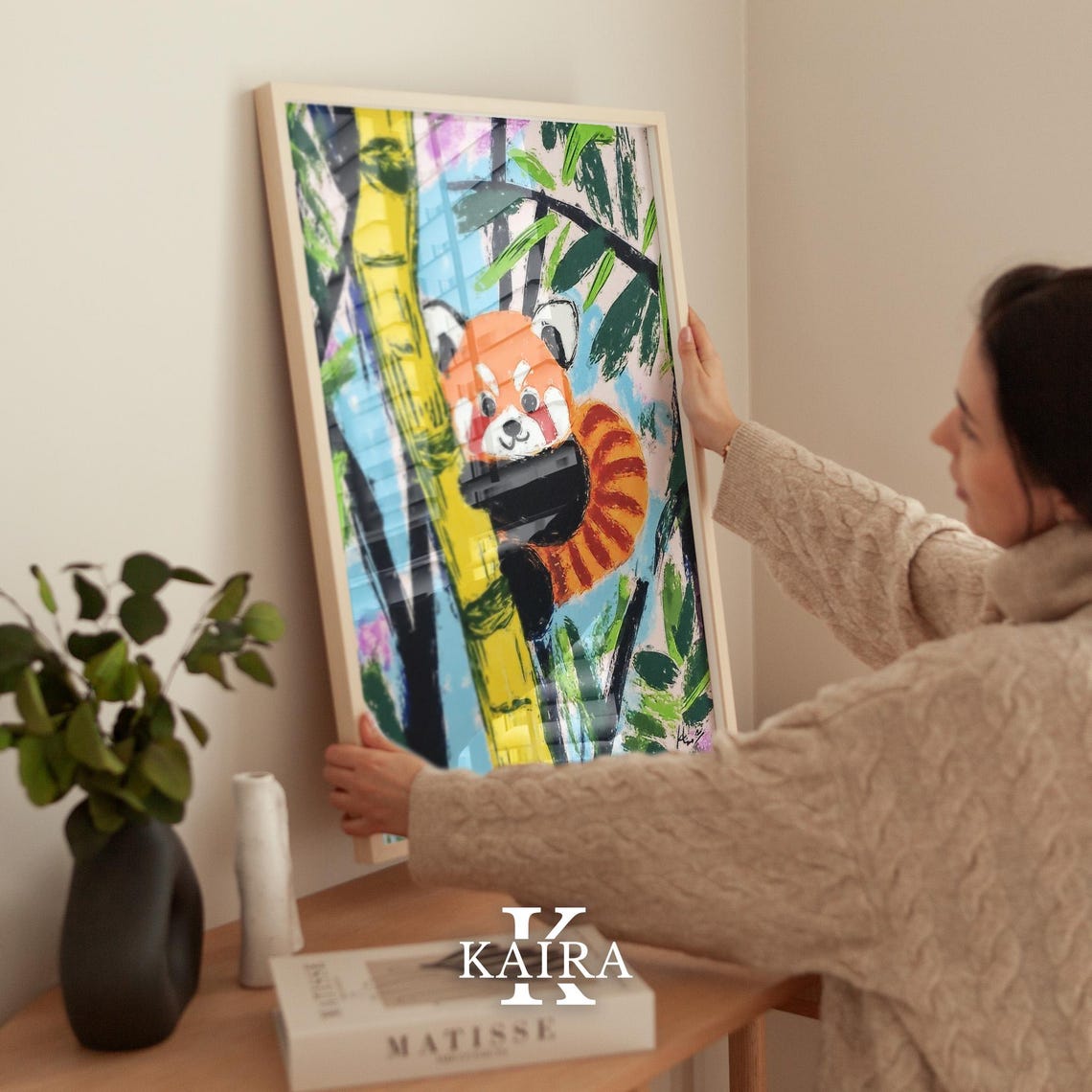 Adorable Red Panda Climbing a Tall Yellow Bamboo Stalk Poster - Image 2