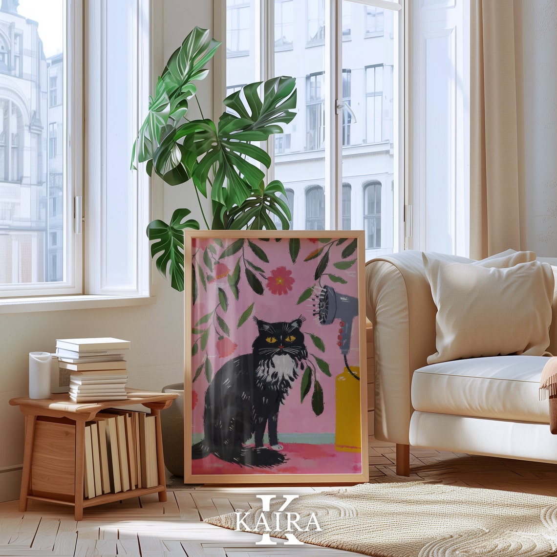 Wet Black Cat Eyeing A Blow Dryer Quirky Bath Time Humor Art Poster - Image 3