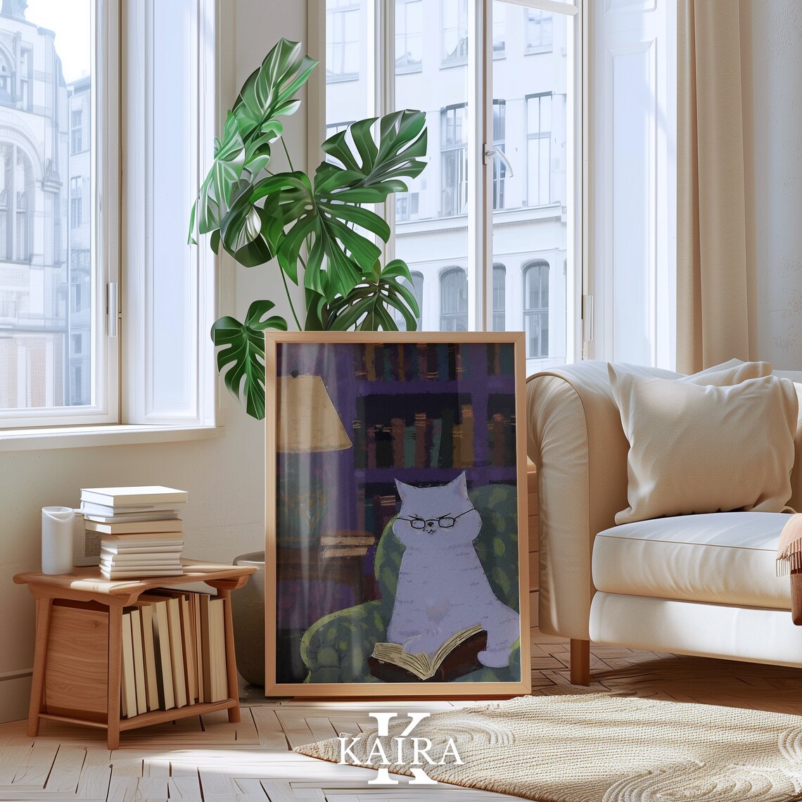 White Cat With Glasses Reading A Book In Armchair Cozy Library Art Poster - Image 5