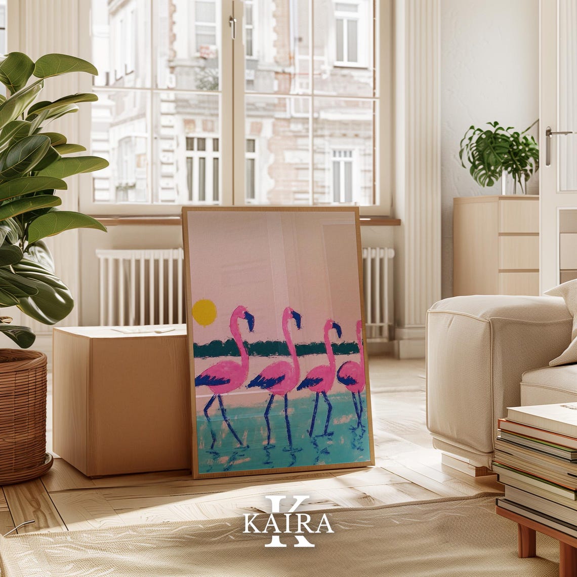 Pink Flamingos Wading in Turquoise Water Under a Sunset Sky Poster - Image 3