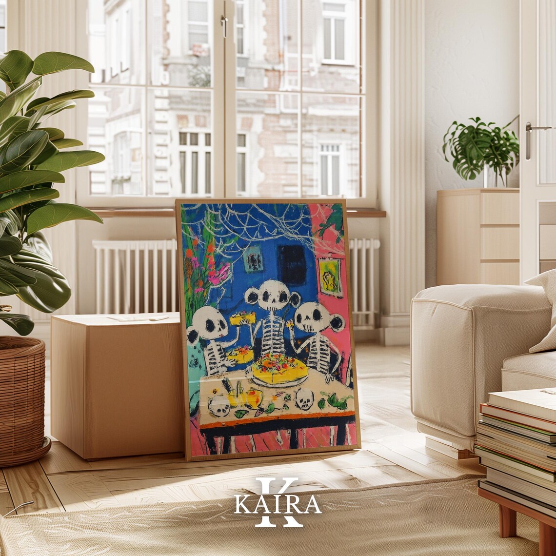 Cheerful Day Of The Dead Skeletons Sharing A Festive Dinner Poster