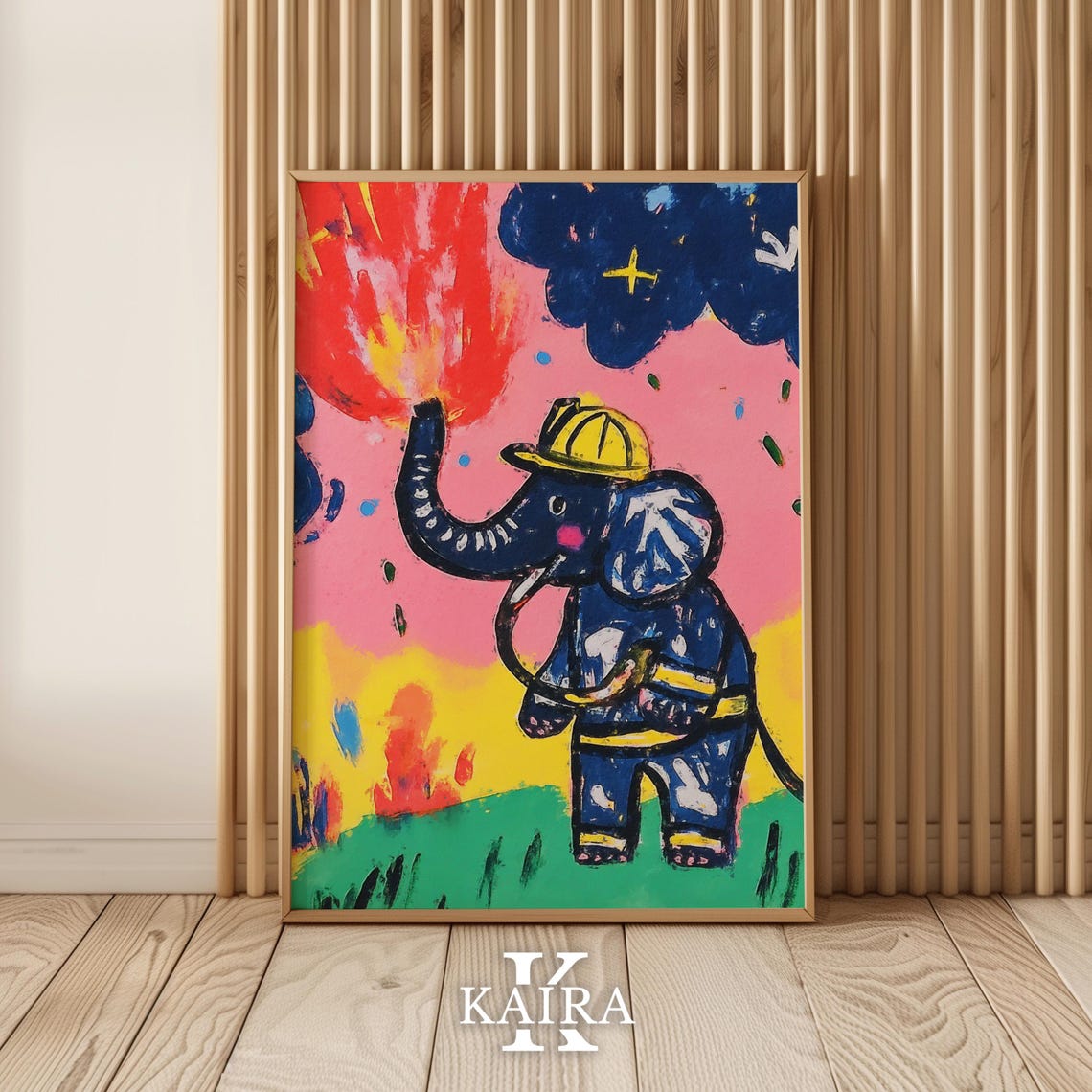 Brave Firefighter Elephant Spraying Water on Big Flames Poster - Image 5