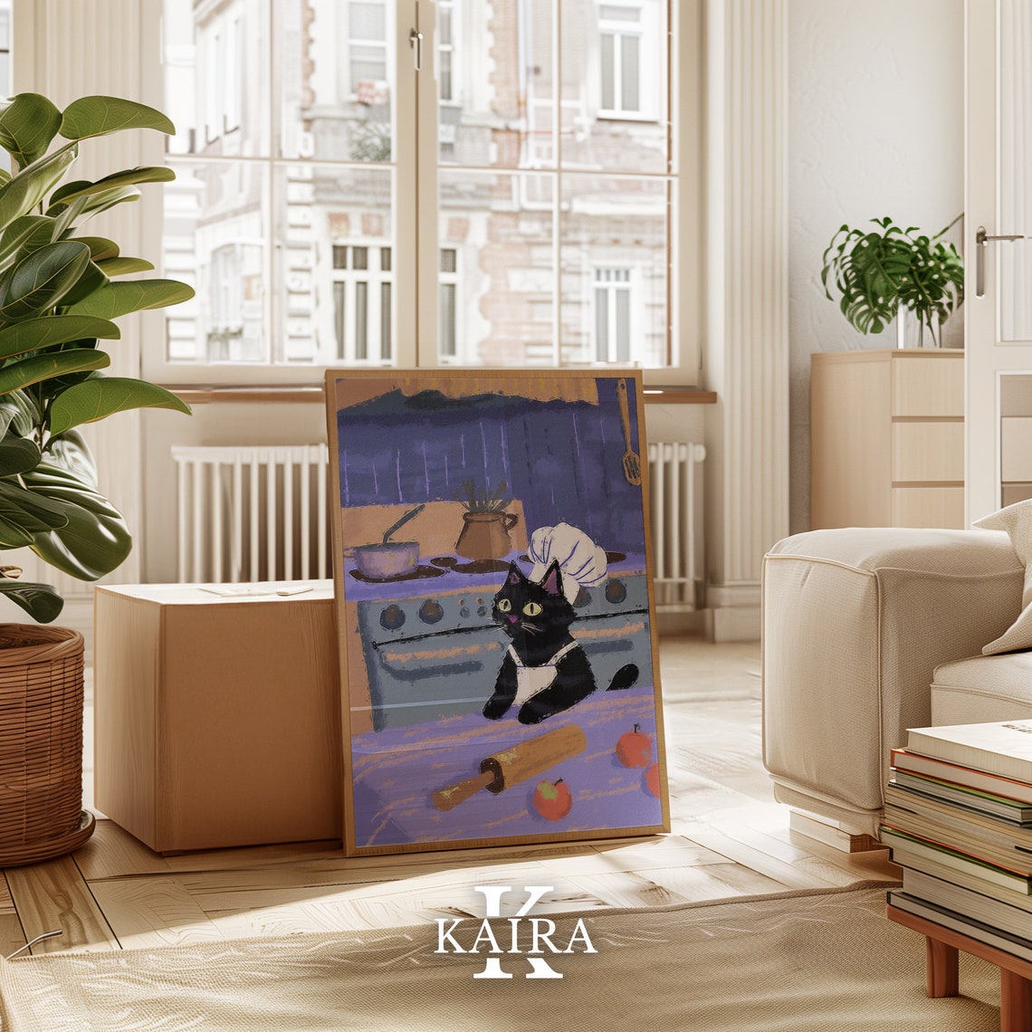 Playful Black Chef Cat Baking in a Rustic Purple Kitchen Poster - Image 4