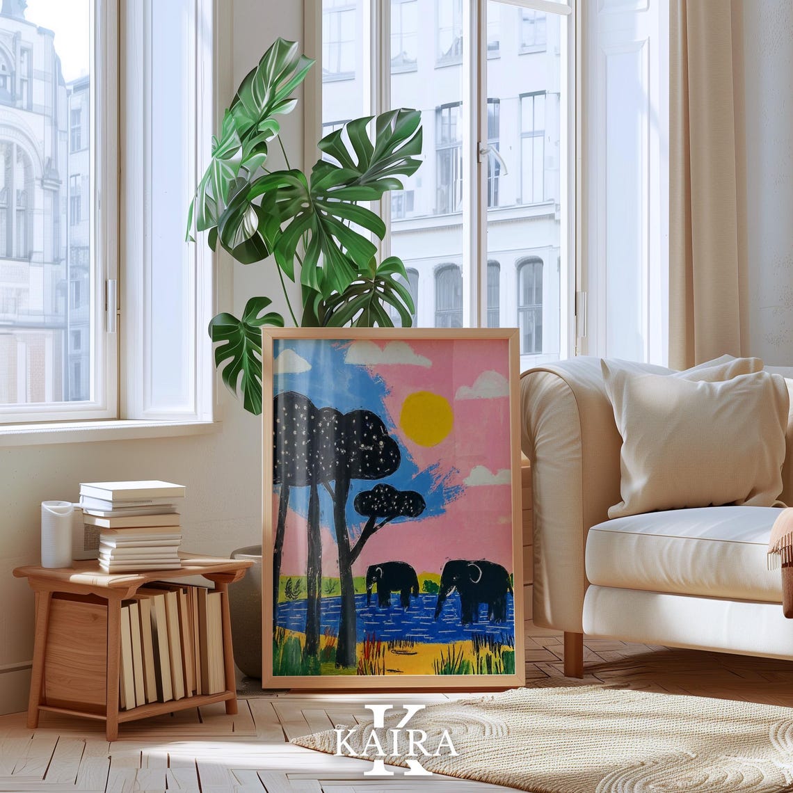 Two Elephants Drinking at a River Under a Pink Sunset Sky Poster - Image 4
