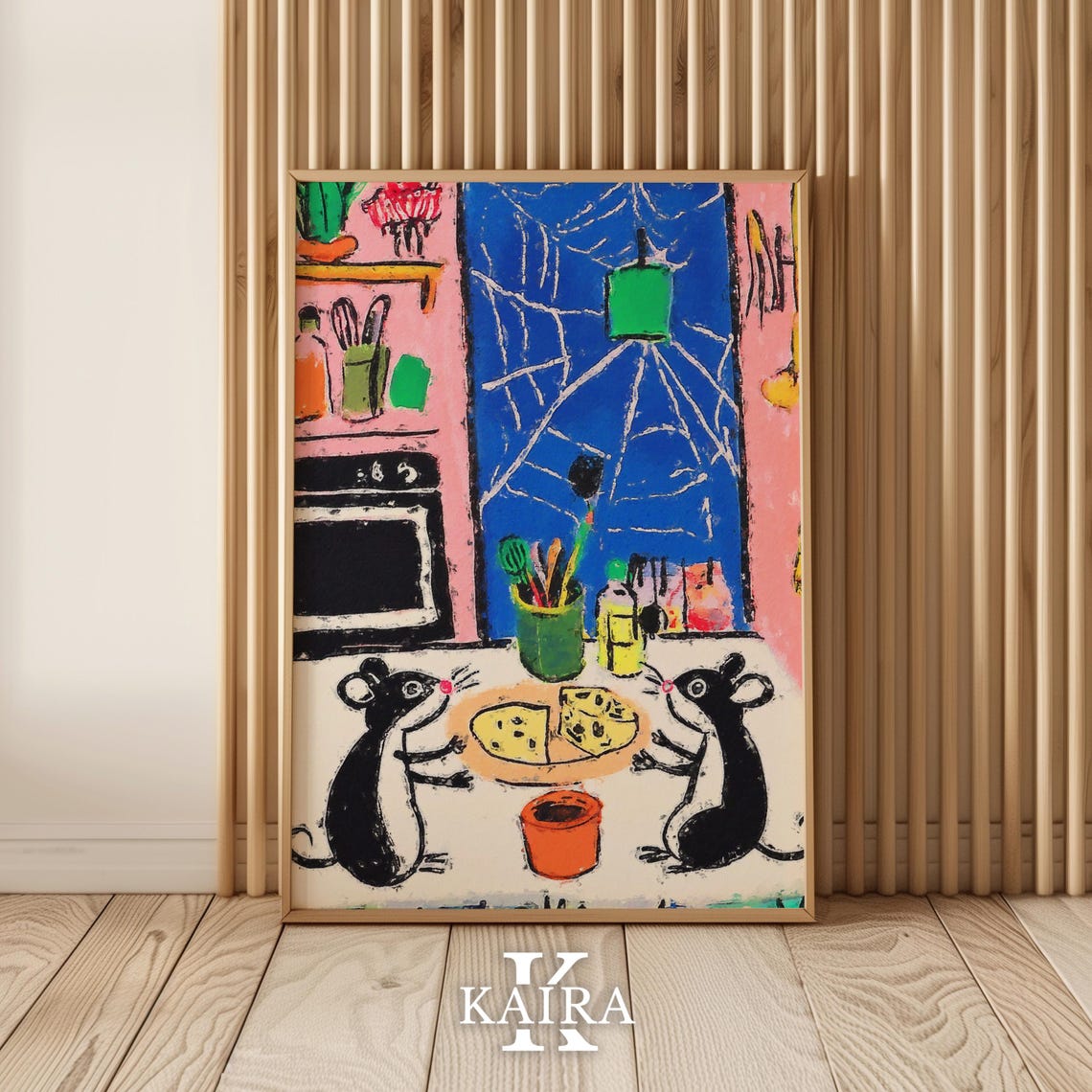 Two Little Mice Sharing Cheese In A Cozy Kitchen At Night Poster - Image 5