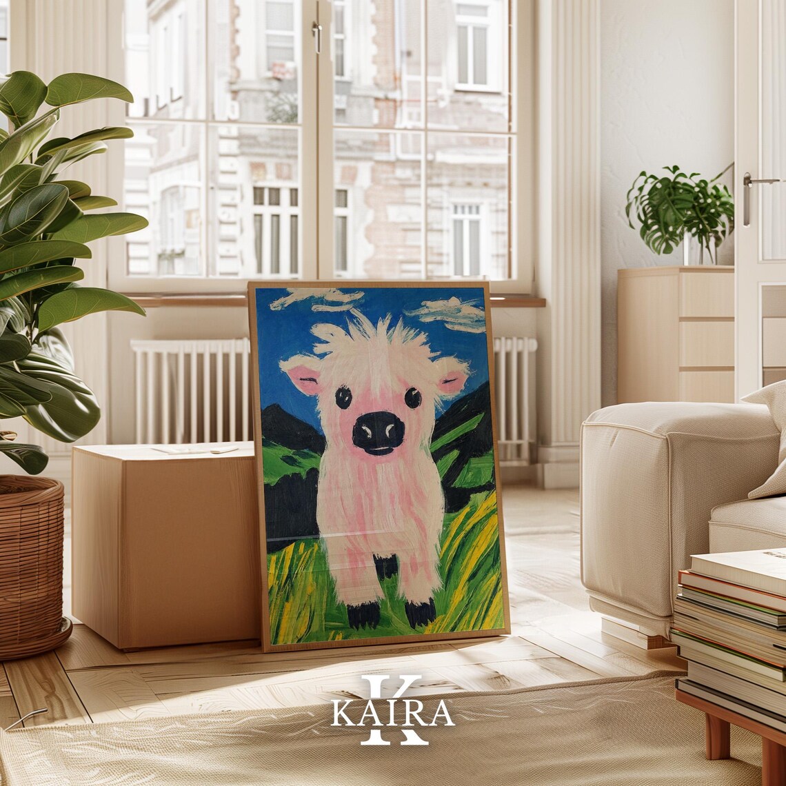 Fluffy Pink Highland Cow Calf in a Sunny Green Pasture Poster - Image 3