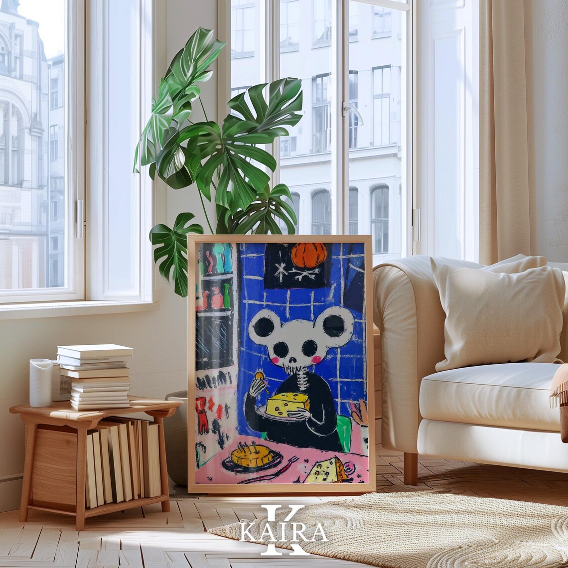 Cute Skeleton Mouse Enjoying Cheese In A Spooky Kitchen At Night Poster - Image 4