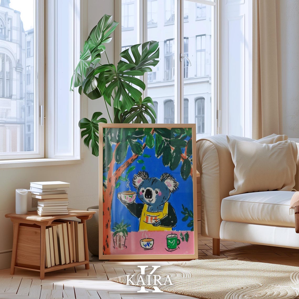 Friendly Koala in a Yellow Apron Serving Tea Under a Tree Poster - Image 4