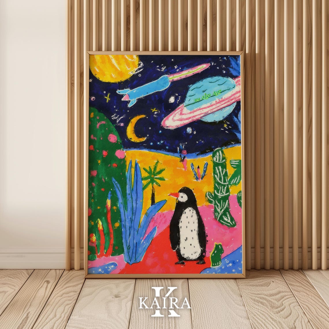 Curious Penguin Gazing at Rockets and Planets on an Alien World Poster - Image 2