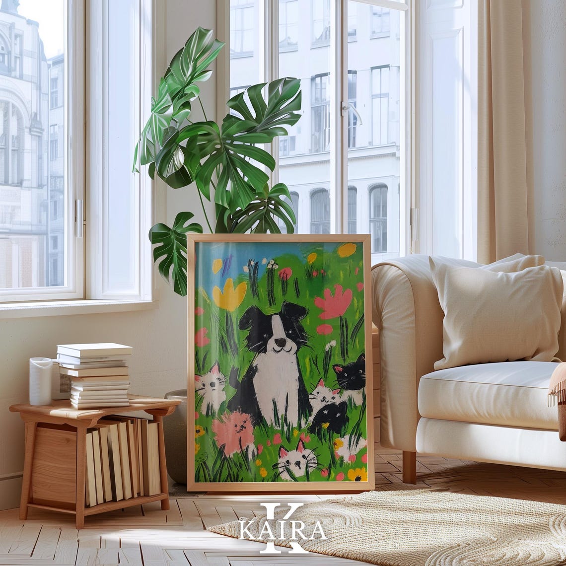 Border Collie Puppy Surrounded by Kittens in a Flower Field Poster - Image 4