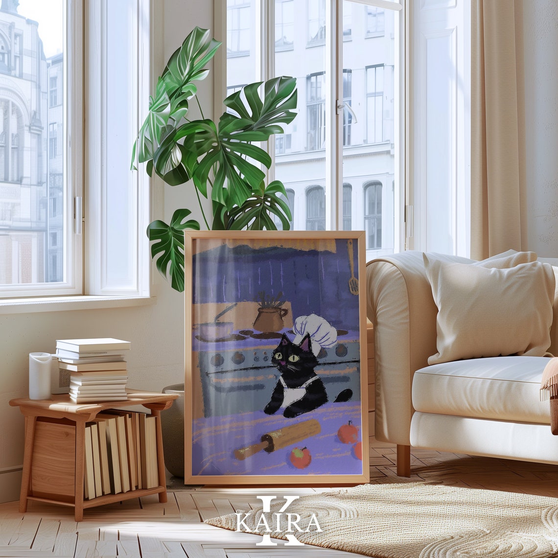 Playful Black Chef Cat Baking in a Rustic Purple Kitchen Poster - Image 5