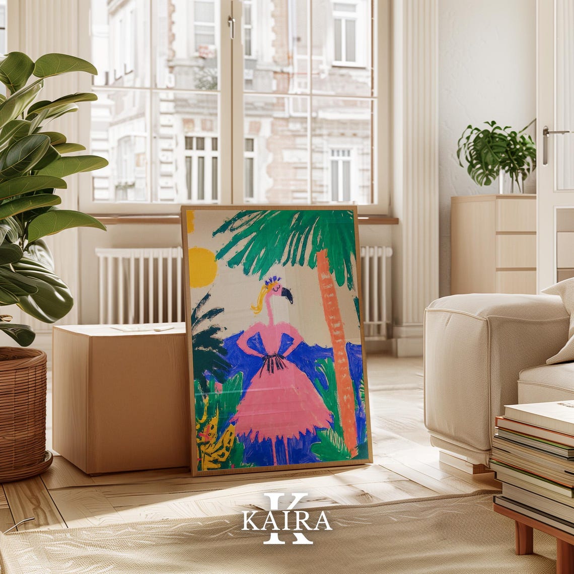 Fancy Flamingo in a Pink Dress Under Tropical Palm Trees Poster