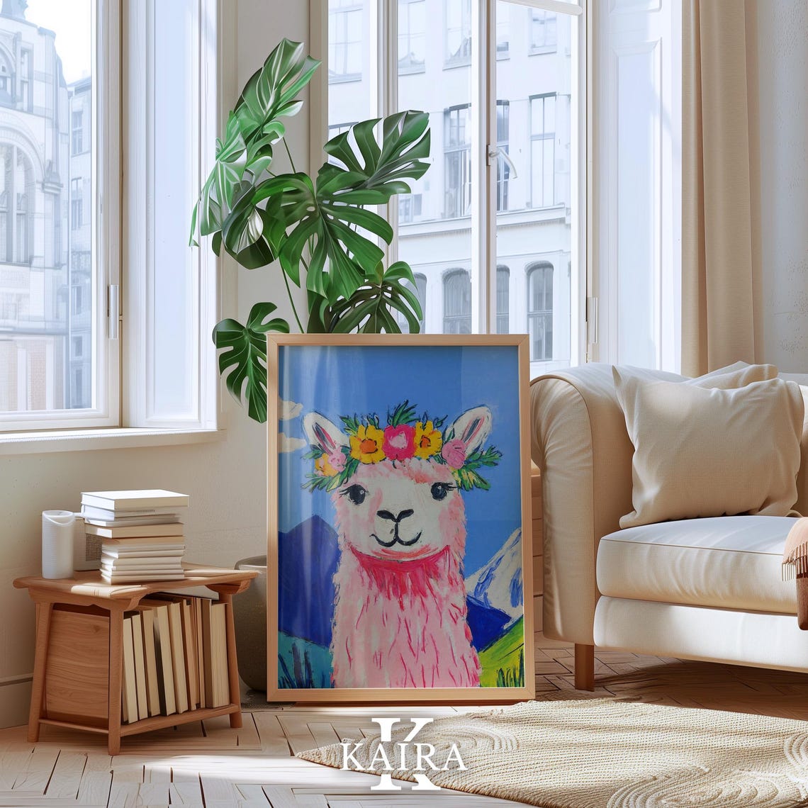 Smiling Pink Llama Wearing a Bright Flower Crown by Mountains Poster - Image 3