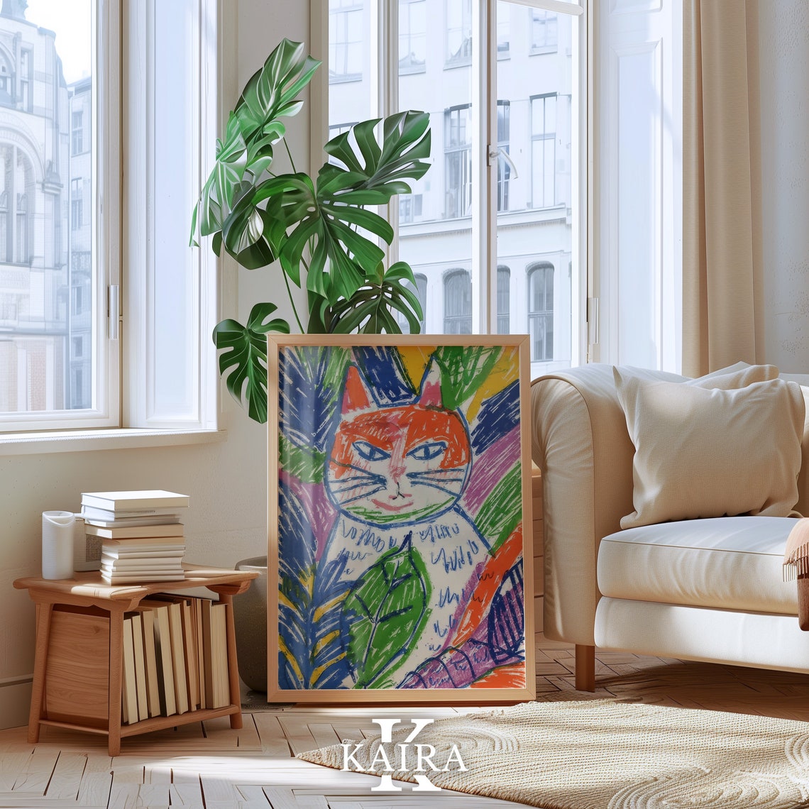 Abstract Orange Cat Face Among Tropical Leaves Modern Poster - Image 3