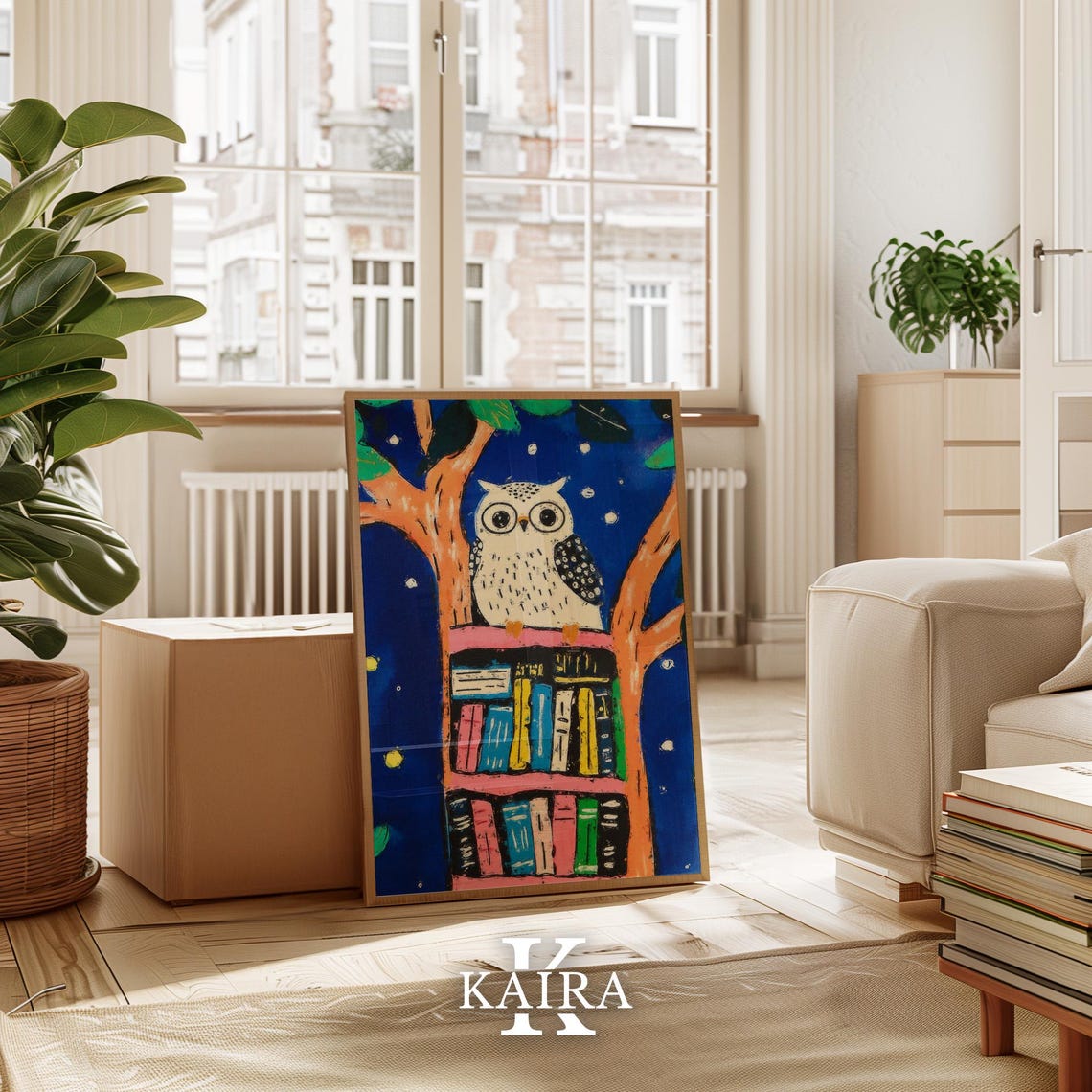 Wide-Eyed White Owl Perched on a Colorful Bookshelf at Night Poster - Image 3