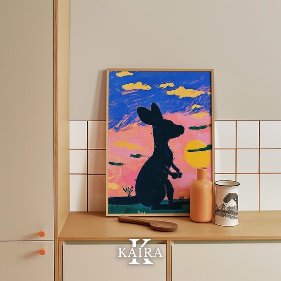 Kangaroo Silhouette Watching a Pink and Blue Sunset Sky Poster