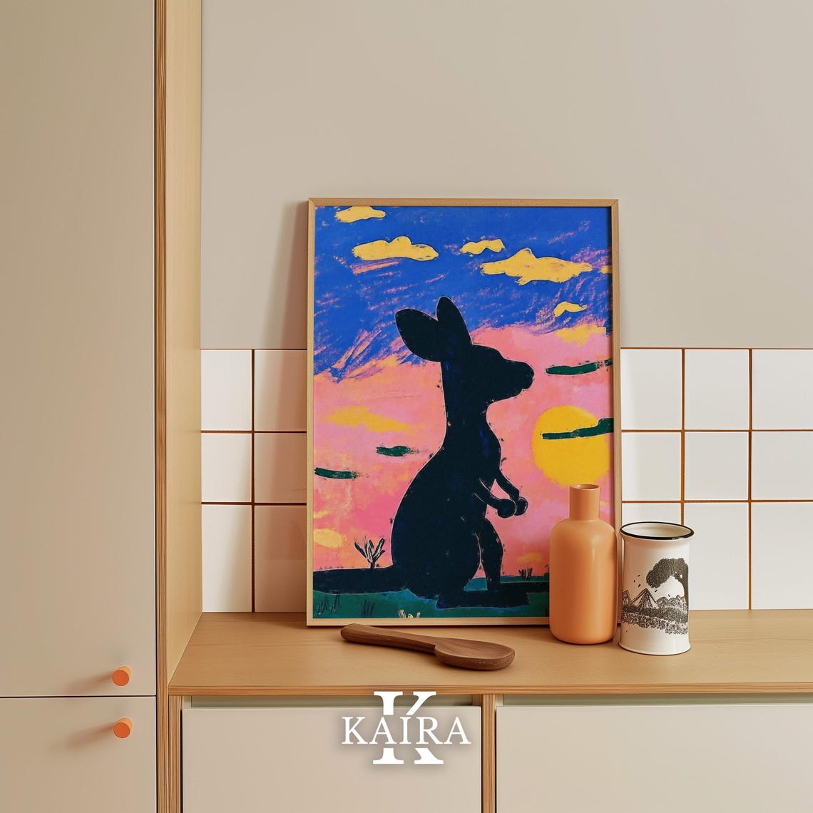 Kangaroo Silhouette Watching a Pink and Blue Sunset Sky Poster