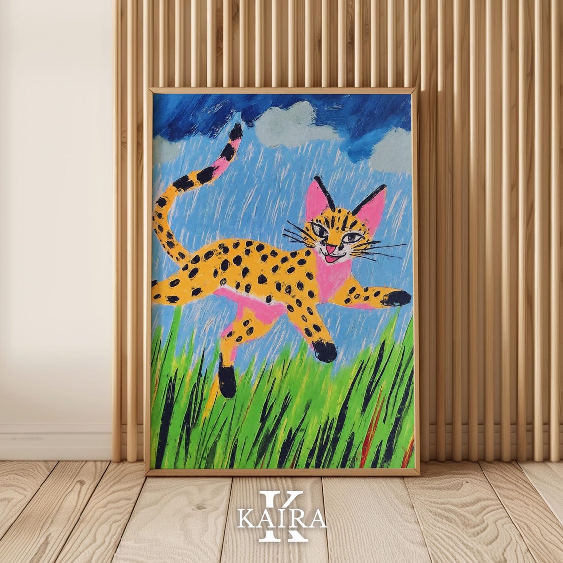Spotted Wild Cat Leaping Through the Rain Over Tall Grass Poster