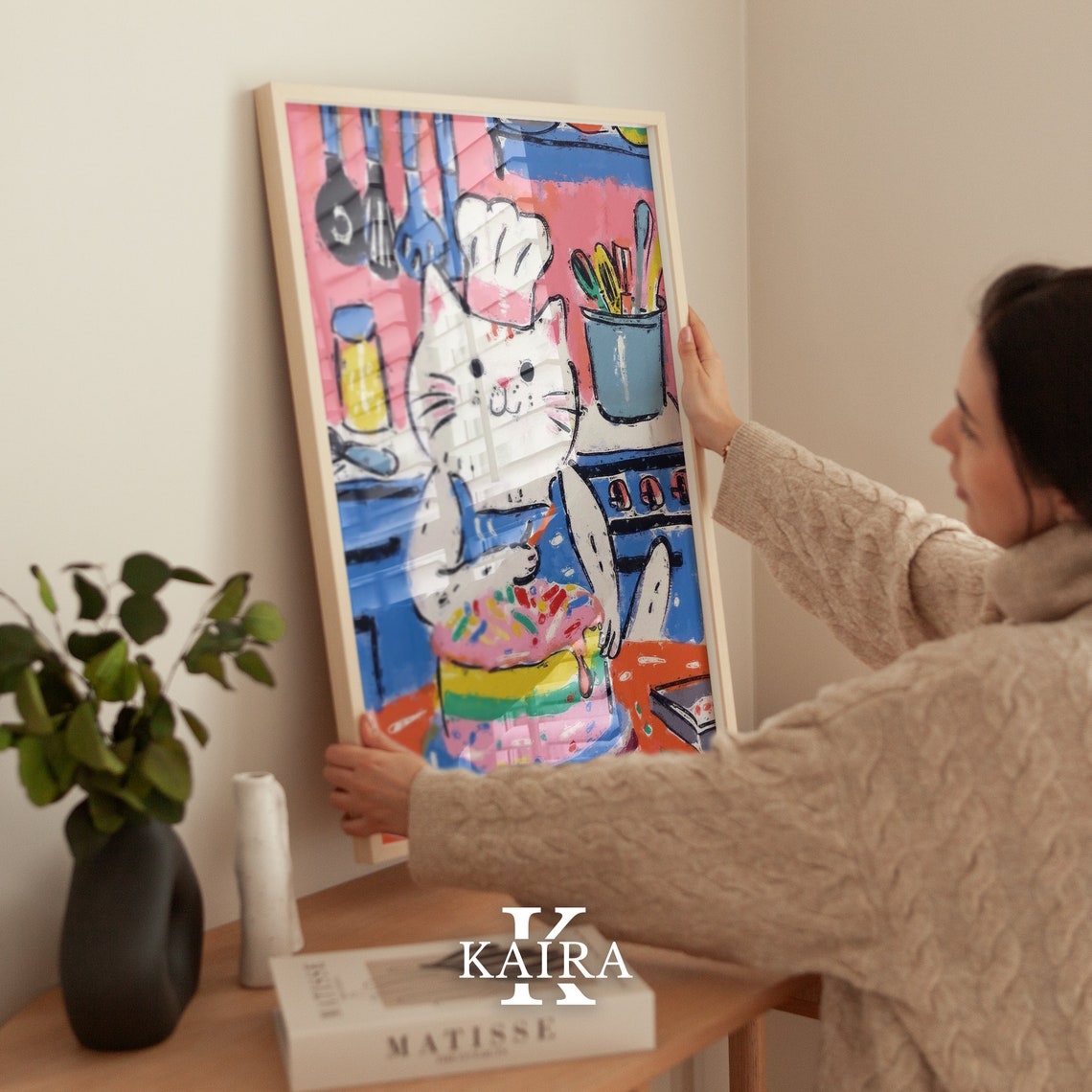 Cheerful White Cat Chef Decorating a Pink Rainbow Cake Poster - Image 3