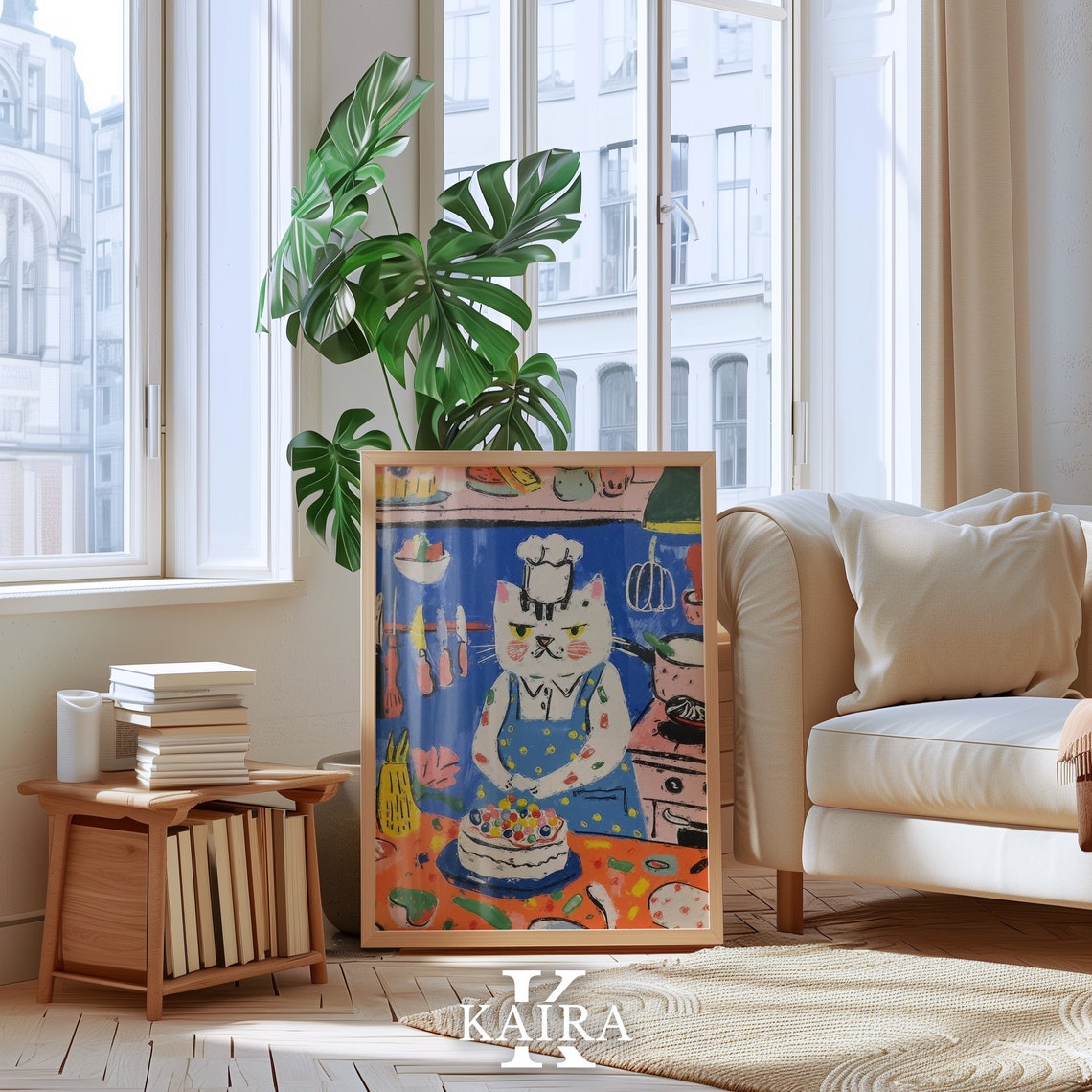 White Chef Cat Decorating a Candy Topped Cake in Blue Kitchen Poster - Image 5