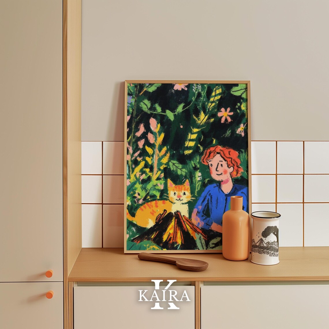 Red-Haired Boy Cuddling an Orange Cat by a Campfire in the Forest Poster - Image 5