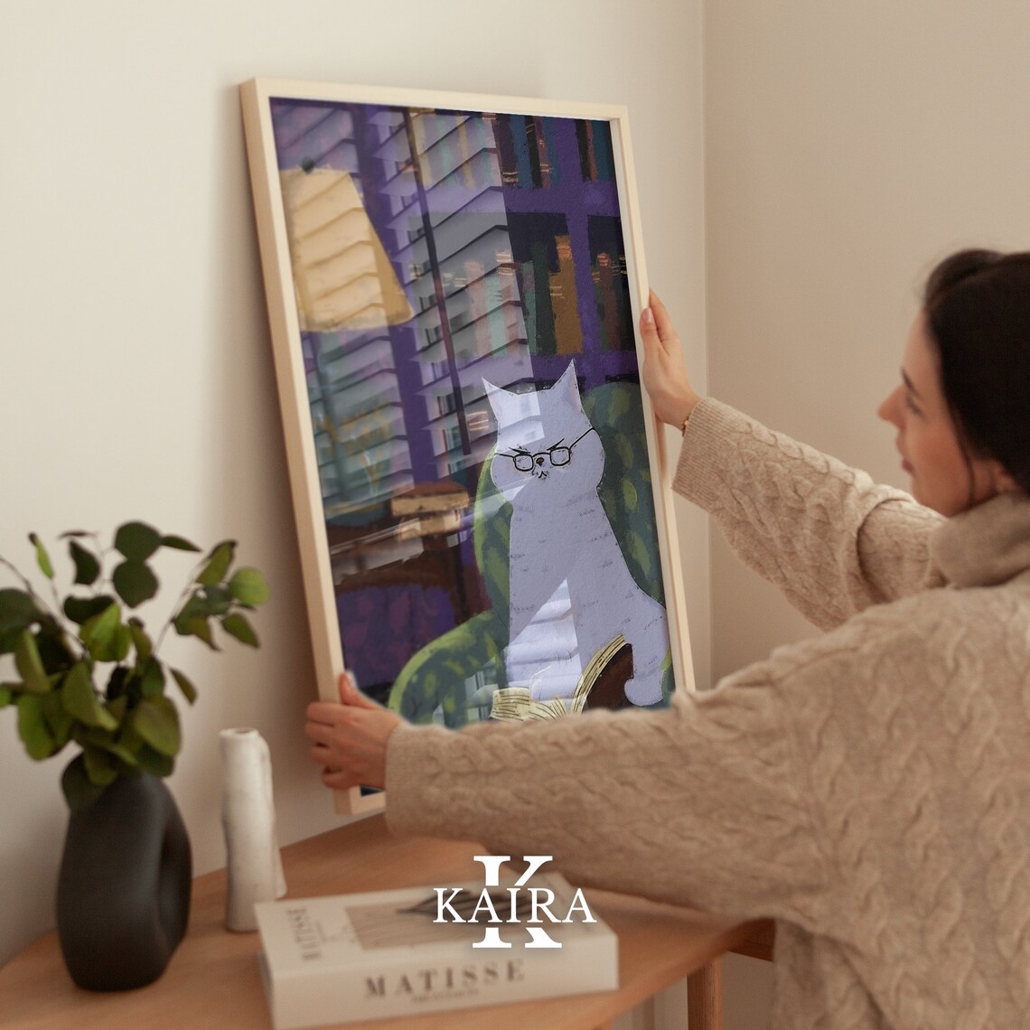 White Cat With Glasses Reading A Book In Armchair Cozy Library Art Poster - Image 3