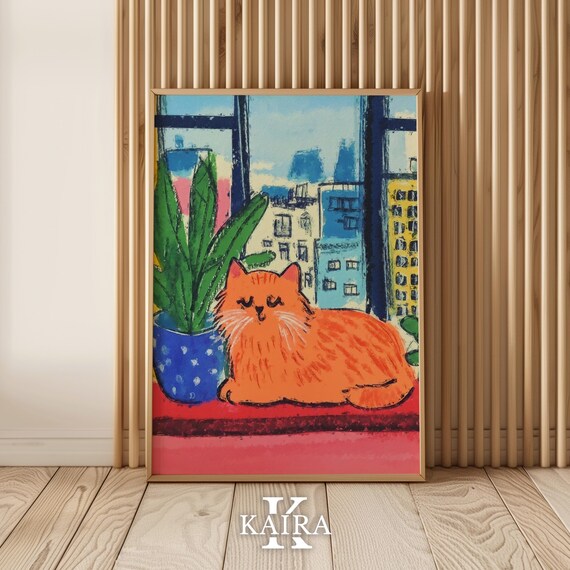 Sleepy Orange Cat Napping on a Bright Sunny City Windowsill Poster