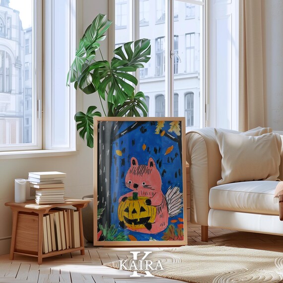 Pink Squirrel Holding A Jack O Lantern On A Halloween Night Poster