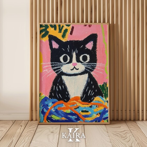 Playful Tuxedo Kitten With a Big Pile of Colorful Yarn Balls Poster