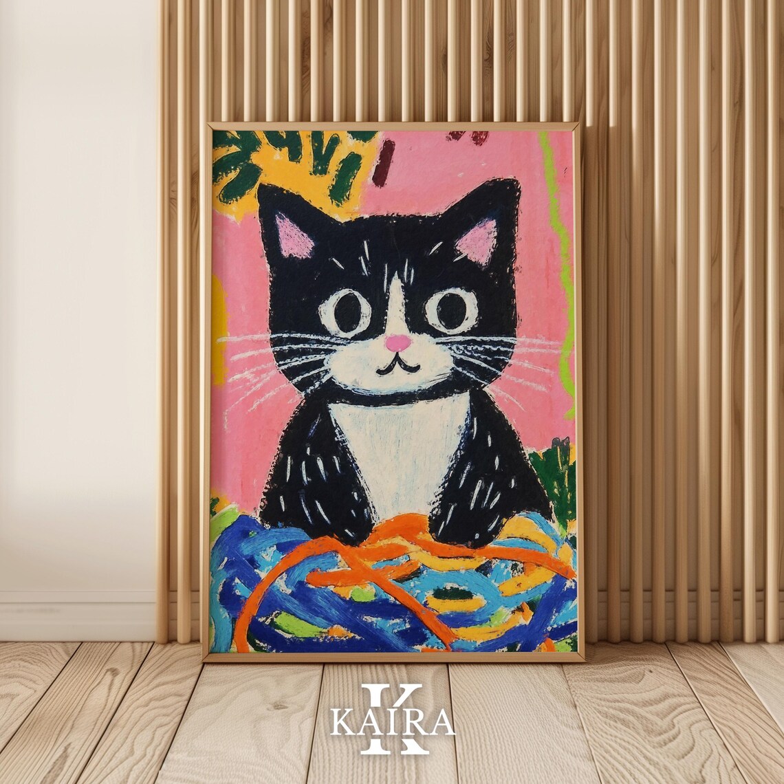Playful Tuxedo Kitten With a Big Pile of Colorful Yarn Balls Poster