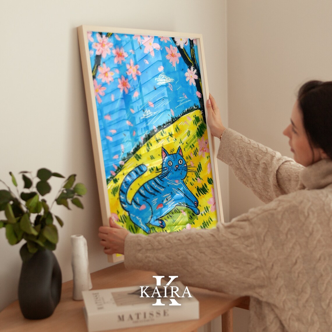 Bold Blue Cat Stretching Beneath Cherry Blossoms on a Sunny Hill Poster - Image 3