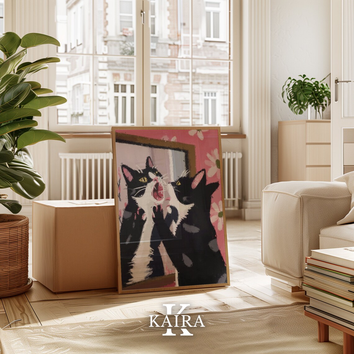 Surprised Tuxedo Cat Staring At Mirror With Mouth Open Funny Art Poster - Image 3