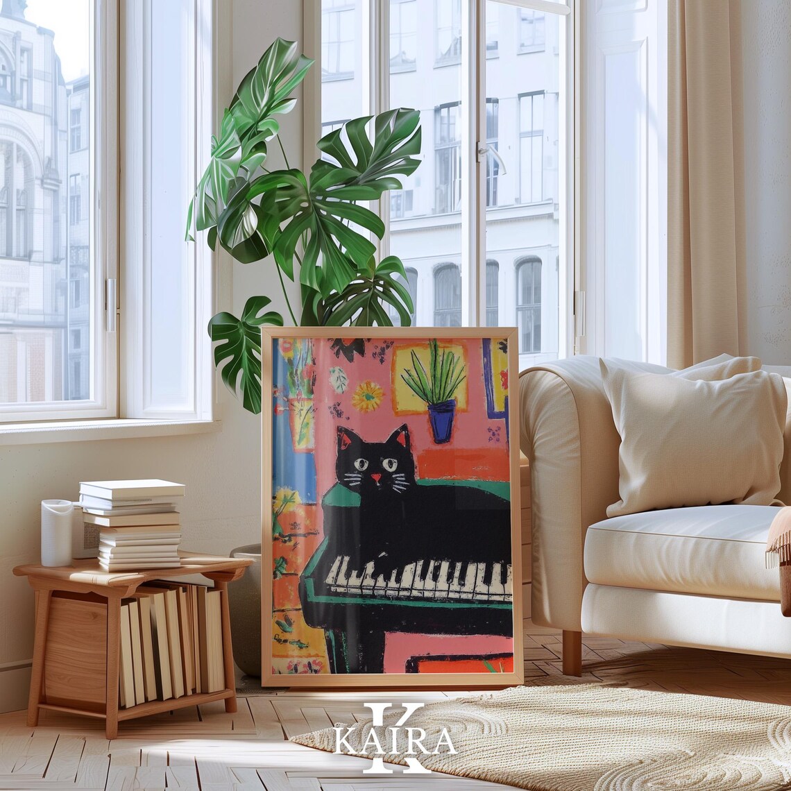 Black Cat Lounging Lazily Across Piano Keys in a Cozy Room Poster - Image 4