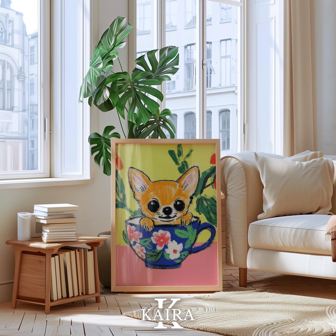 Tan Chihuahua Puppy Sitting In A Blue Floral Teacup With Leaves Poster