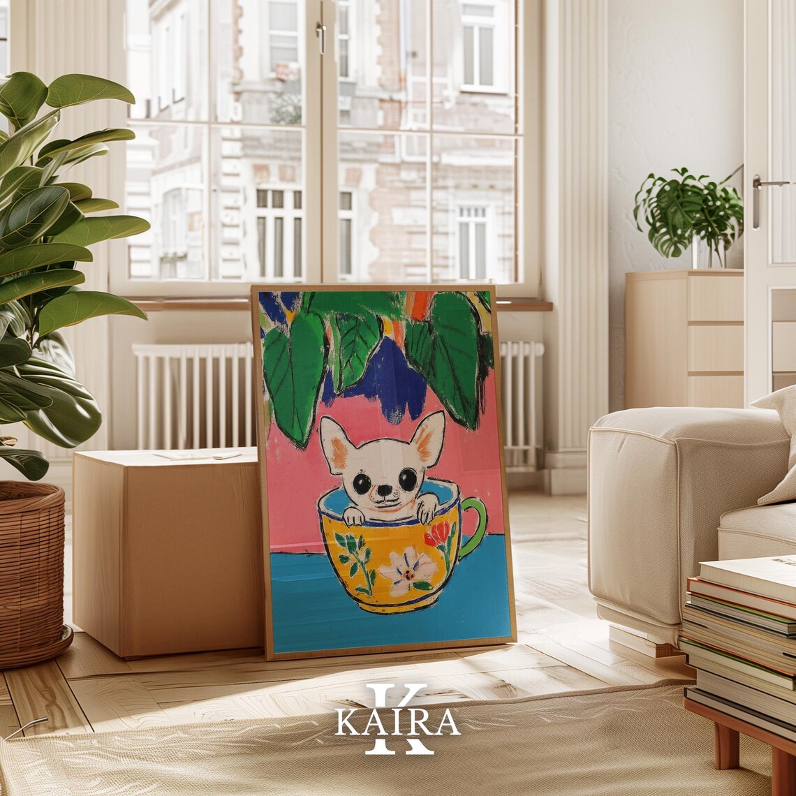 White Chihuahua Puppy Peeking Out Of A Yellow Floral Teacup Poster