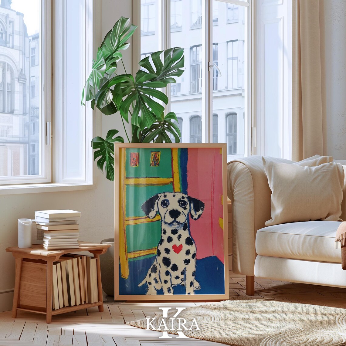 Dalmatian Puppy With Red Heart Sitting By A Colorful Window Poster