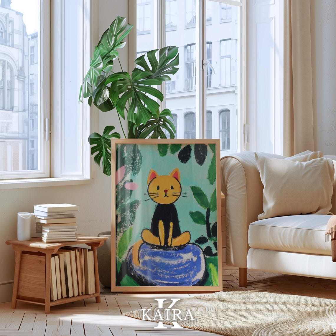 Orange Cat Sitting on a Blue Rock in a Lush Green Garden Poster - Image 4