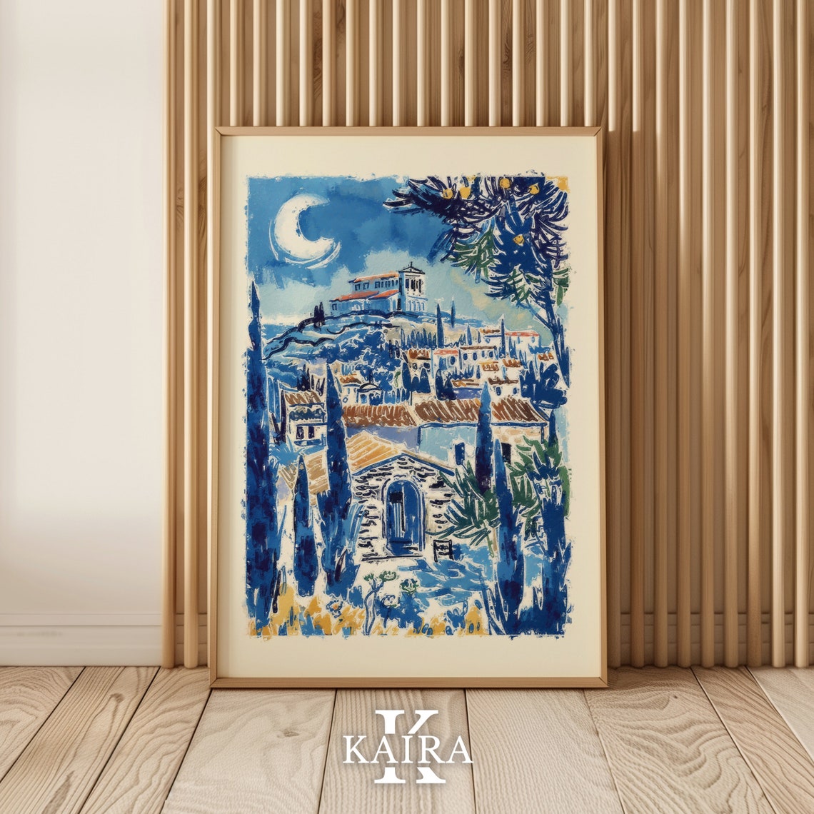 Moonlit Acropolis Above A Greek Village In Blue Watercolor Poster - Image 2