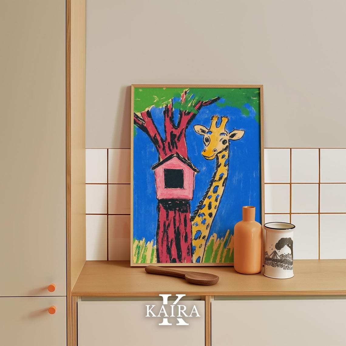 Smiling Giraffe Beside a Red Tree With a Pink Birdhouse Poster - Image 5
