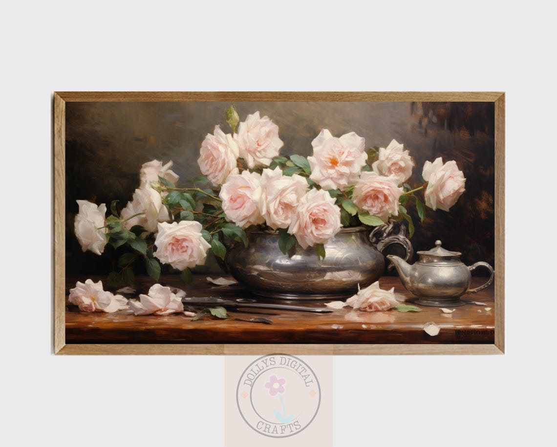 Pink Roses Silver Vase Still Life Oil Painting Floral Poster