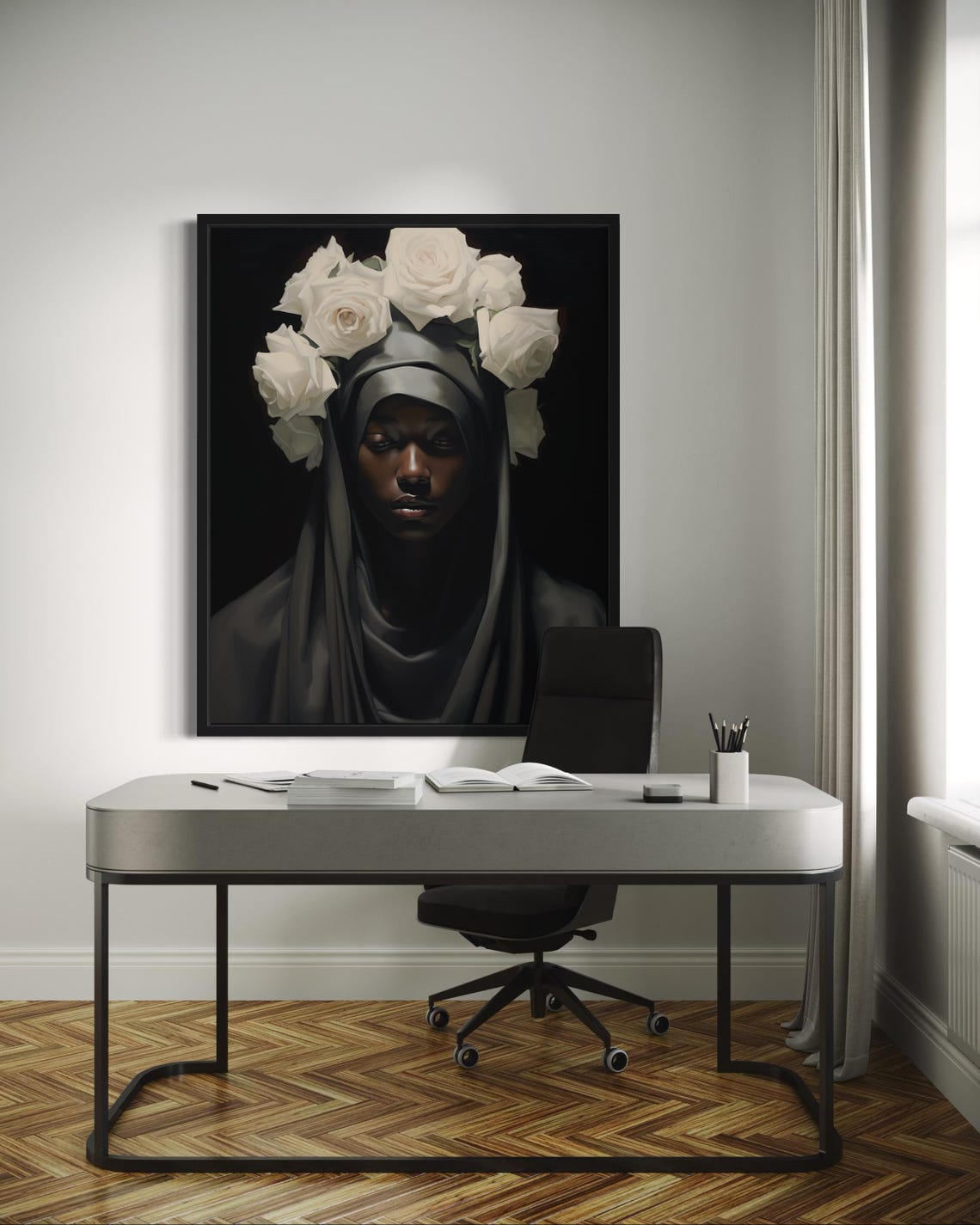 Black Woman White Rose Crown Portrait Dark Elegant Beauty Poster - Image 4