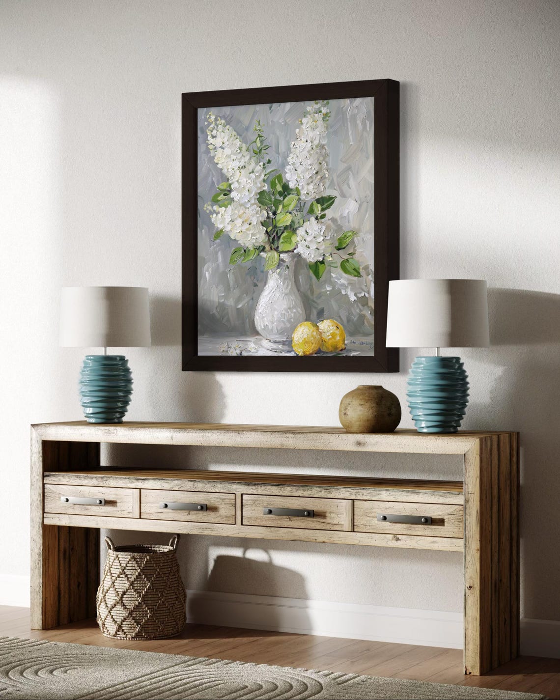 White Floral Bouquet Vase Lemons Elegant Still Life Oil Poster - Image 3